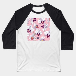 Purple Hues and White Blooms: Floral Design on Pink Baseball T-Shirt